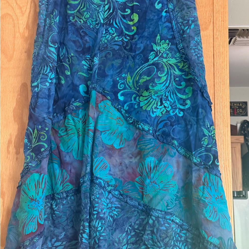 Blue Teal Floral Tiered Maxi Skirt